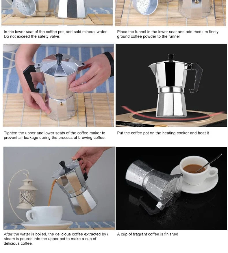 Italienische Kaffeemaschine aus Aluminium, Mokka-Espresso-Kanne, Kaffeemaschine, Moka-Kanne, Espresso-Shot-Maker, Espressomaschine