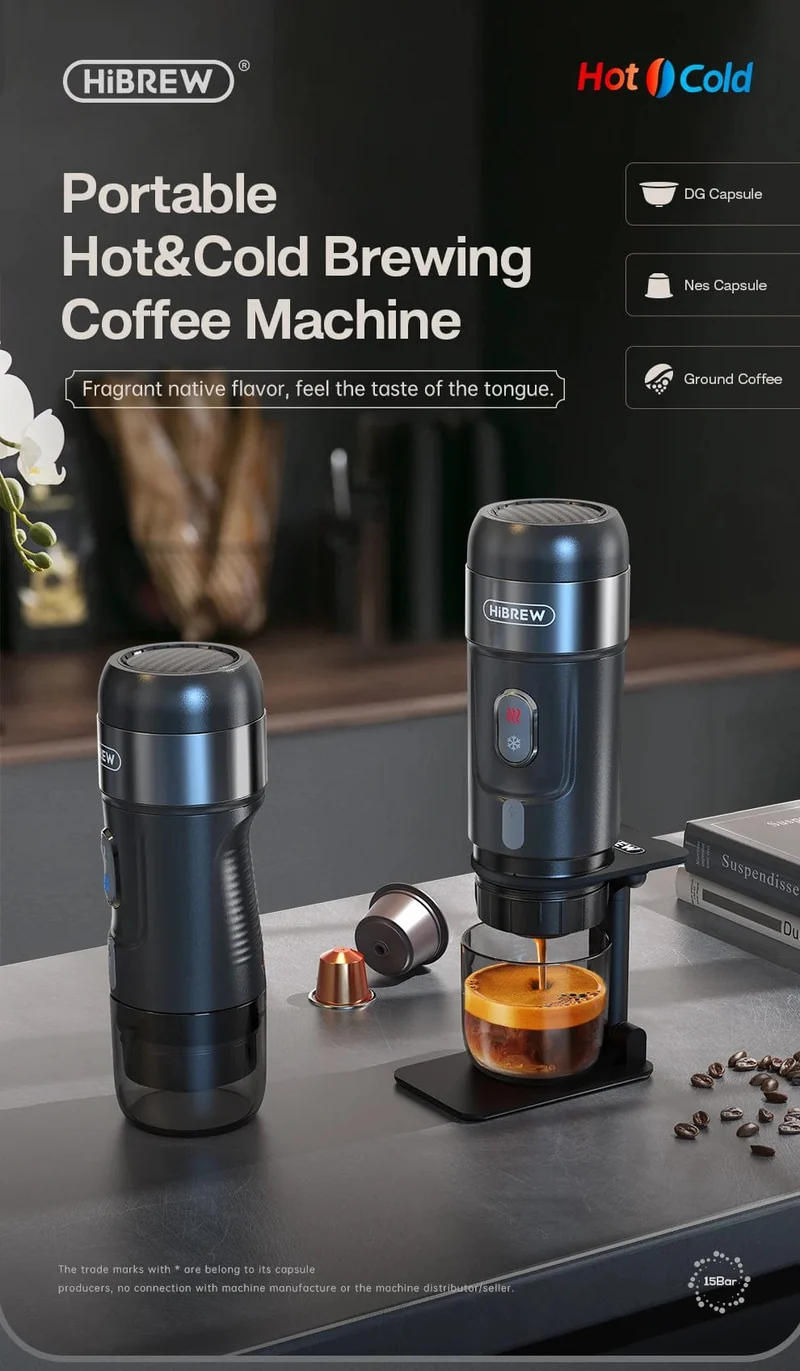 HiBREW Tragbare Kaffeemaschine für Auto und Zuhause, DC12V Espressomaschine passend für Nexpresso Dolce Pod Kapsel Kaffeepulver H4A