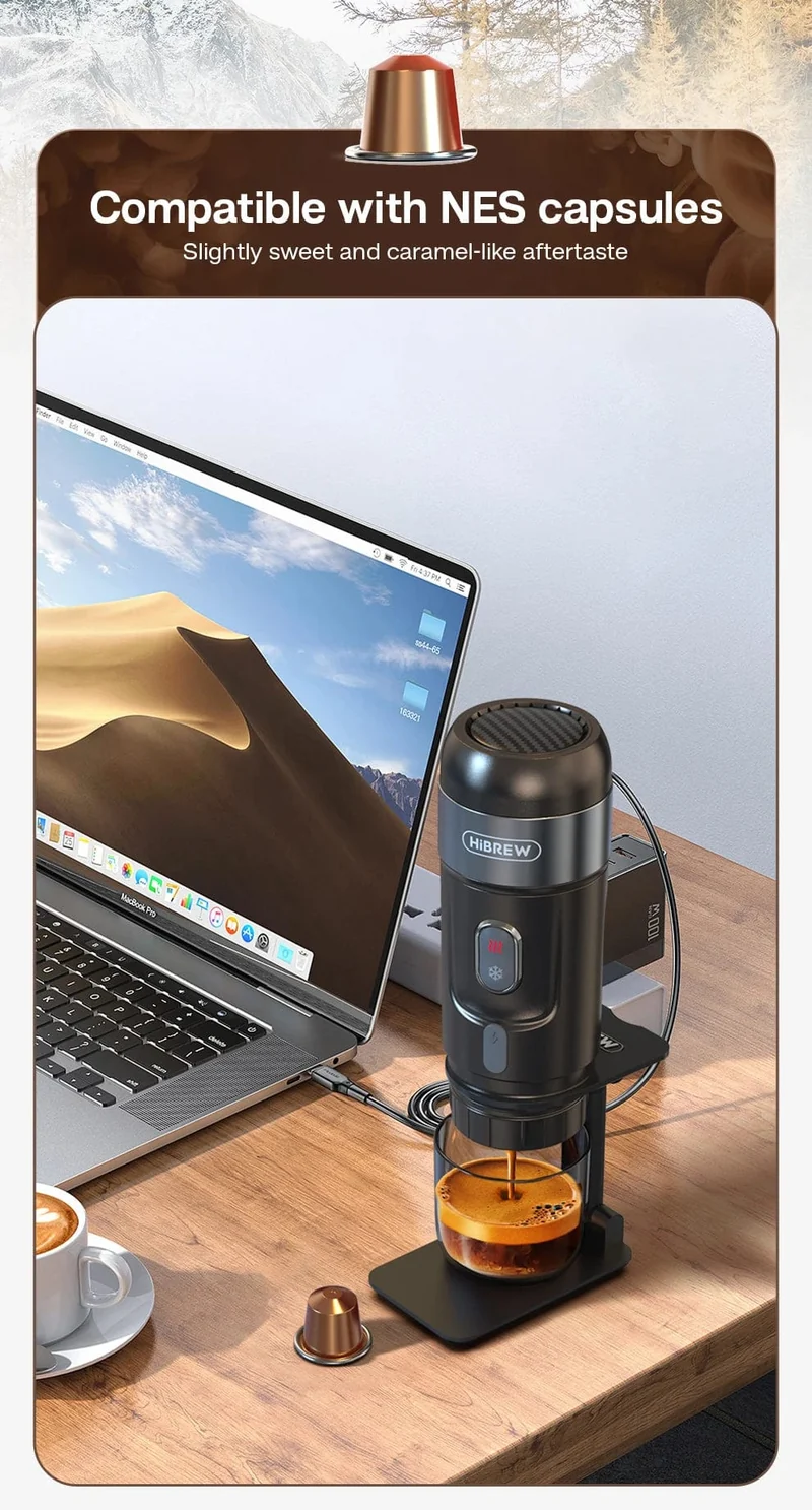 HiBREW Tragbare Kaffeemaschine für Auto und Zuhause, DC12V Espressomaschine passend für Nexpresso Dolce Pod Kapsel Kaffeepulver H4A