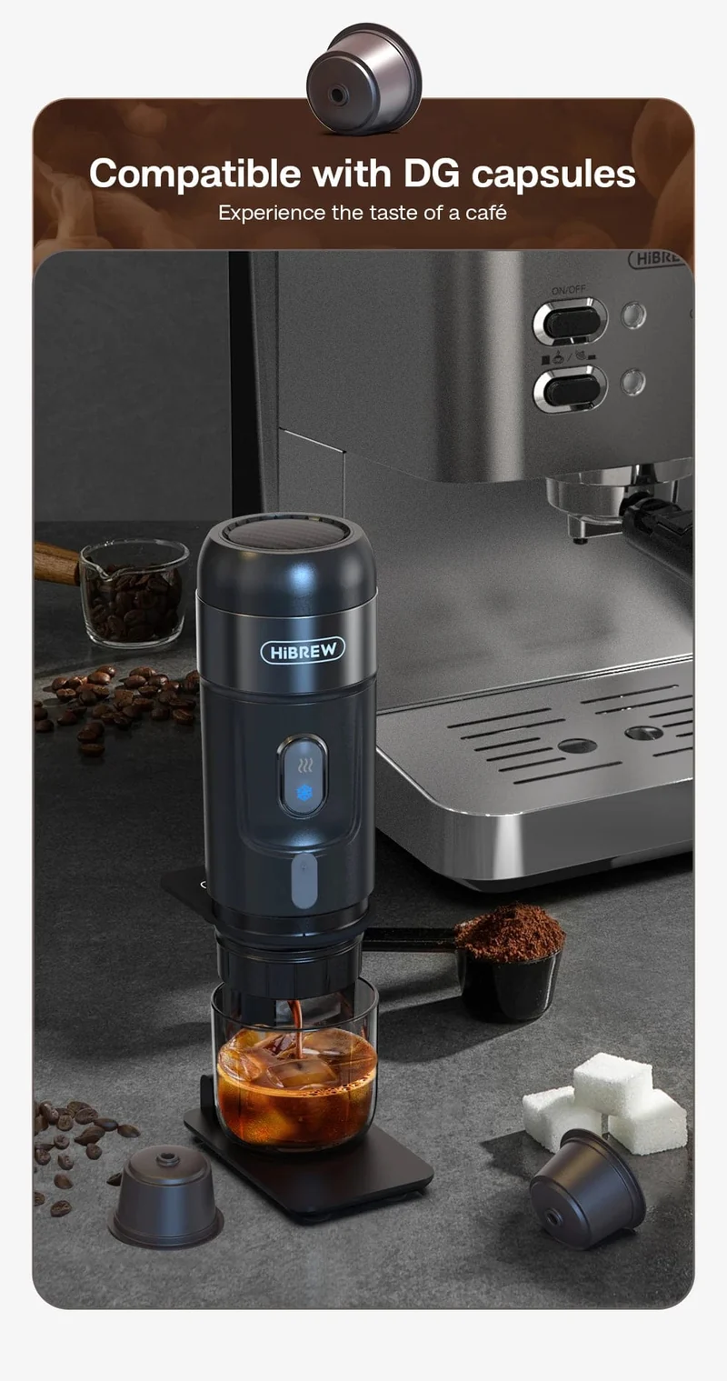 HiBREW Tragbare Kaffeemaschine für Auto und Zuhause, DC12V Espressomaschine passend für Nexpresso Dolce Pod Kapsel Kaffeepulver H4A