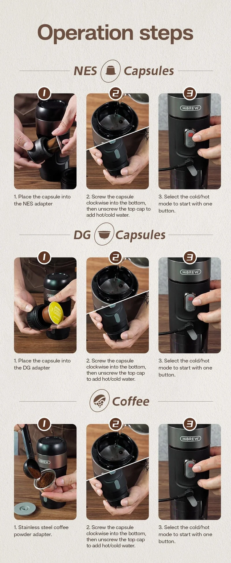 HiBREW Tragbare Kaffeemaschine für Auto und Zuhause, DC12V Espressomaschine passend für Nexpresso Dolce Pod Kapsel Kaffeepulver H4A