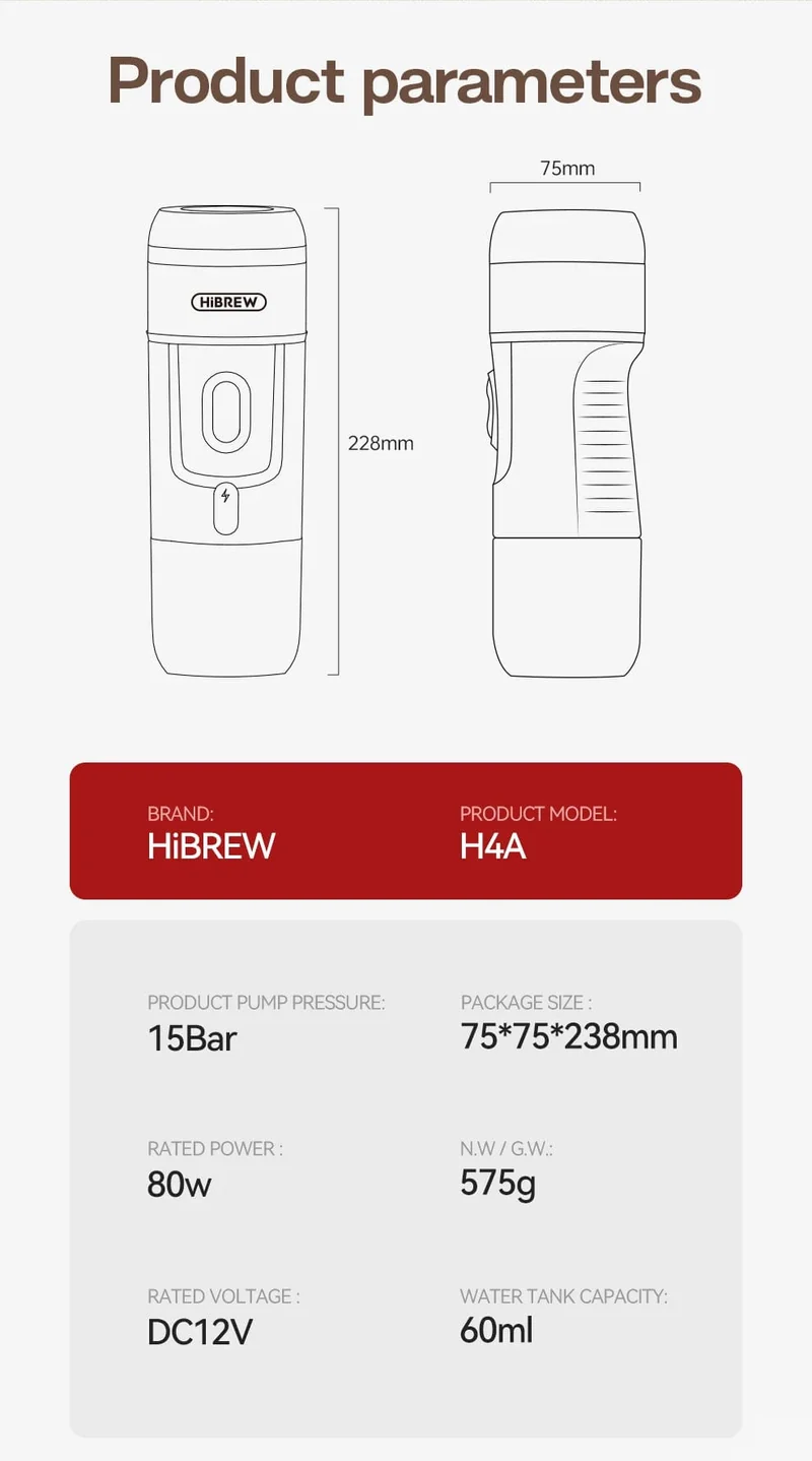 HiBREW Tragbare Kaffeemaschine für Auto und Zuhause, DC12V Espressomaschine passend für Nexpresso Dolce Pod Kapsel Kaffeepulver H4A