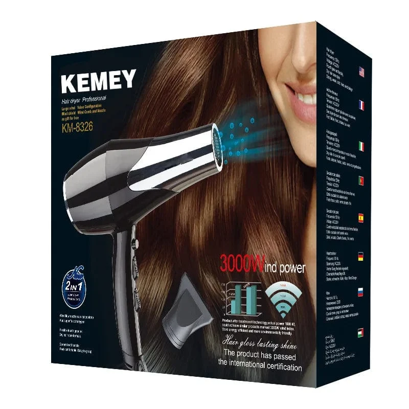 Kemei 3000 Watt Full Size Pro Haartrockner Professioneller Salon-Föhn mit Konzentrator-Düsenaufsätzen 3 Geschwindigkeiten schnelles Trocknen