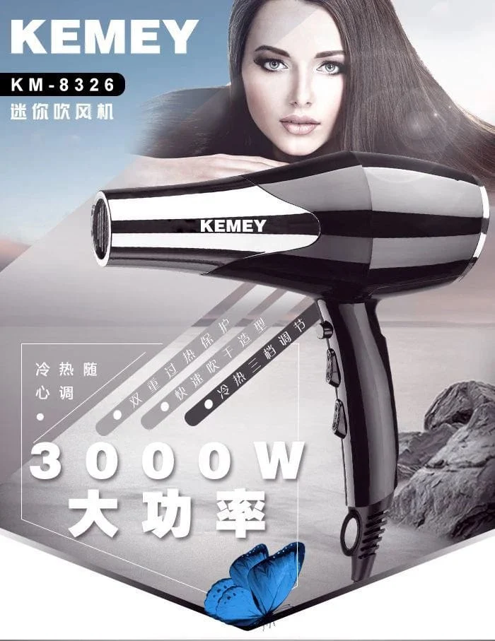 Kemei 3000 Watt Full Size Pro Haartrockner Professioneller Salon-Föhn mit Konzentrator-Düsenaufsätzen 3 Geschwindigkeiten schnelles Trocknen