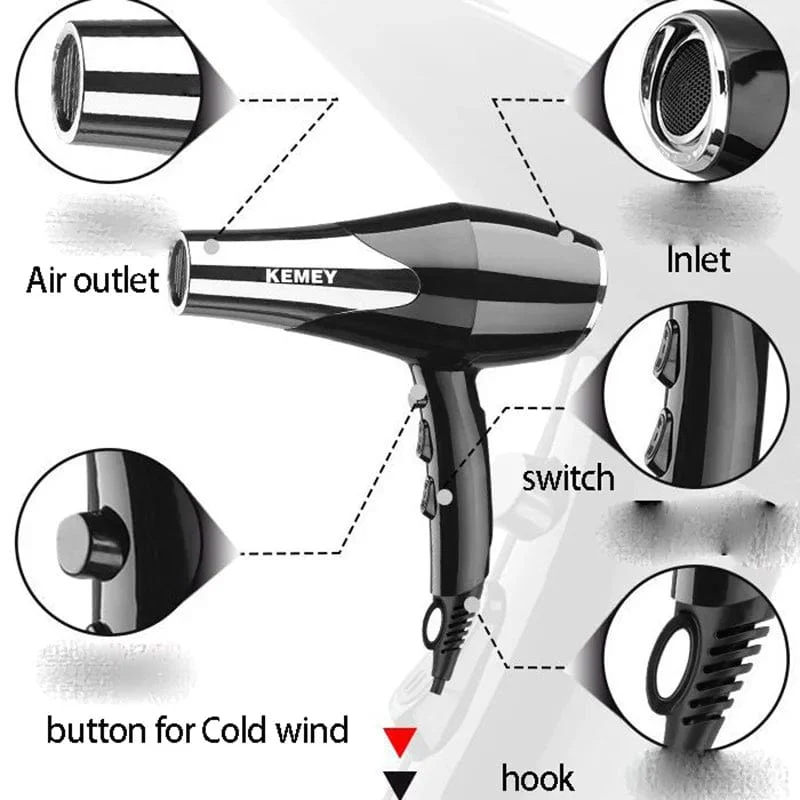Kemei 3000 Watt Full Size Pro Haartrockner Professioneller Salon-Föhn mit Konzentrator-Düsenaufsätzen 3 Geschwindigkeiten schnelles Trocknen