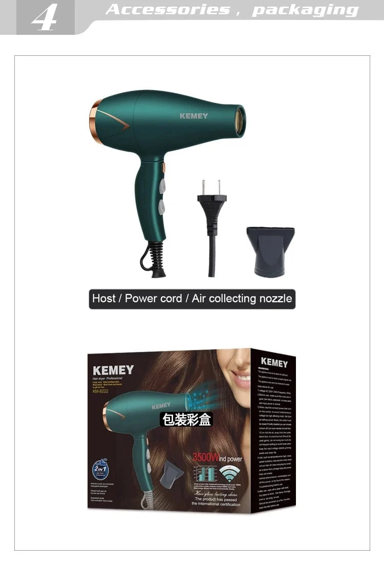Kemei 3500 W Haartrockner mit heißem und kaltem Wind, faltbarer, kompakter Föhn, Haarstyling-Tools für Salons und den Hausgebrauch