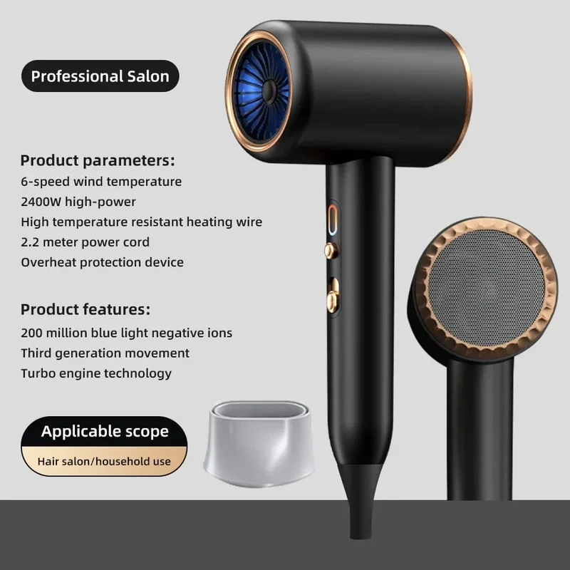 Professioneller Haartrockner, Heiß- und Kaltwind, Airbrush-Haartrockner, Negativ-Ionen-Föhn, starker PowerDryer, Salon-Tool, 2400 W, 3. Gang
