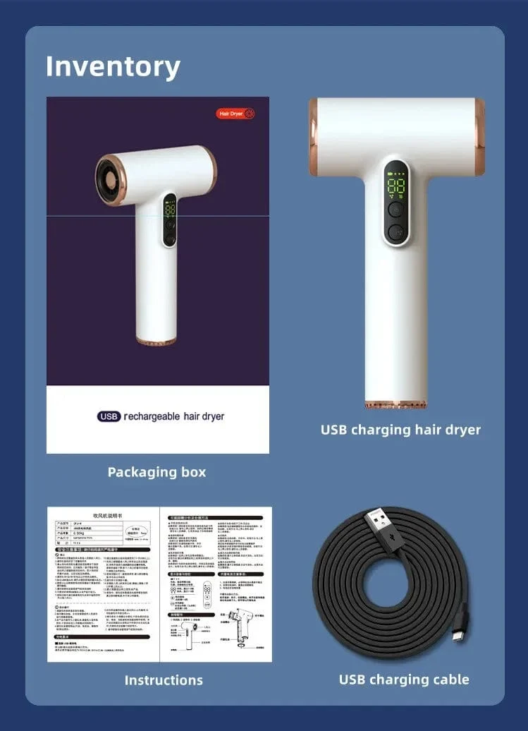 2024 heißer Verkauf Drahtlose Haartrockner 30000 Rpm High-Speed ​​Trocken Kalt Warm Wind Kinderhaus Schlafsaal Reise USB Lade Haar