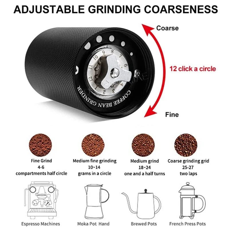 Manuelle Kaffeemühle aus Edelstahl, verstellbares Handmahlwerk, Kaffeebohnenmühle, manuelles Mahlwerk für Aeropress Espresso French Press