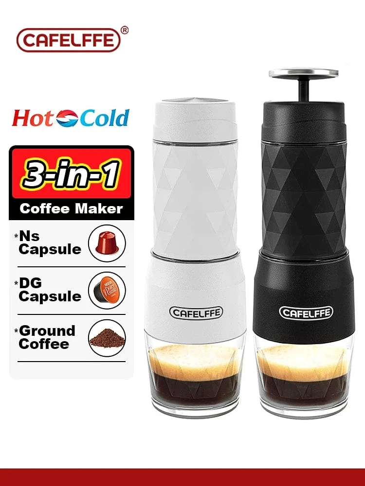 Cafelffe 3-in-1 tragbare Kaffeemaschine, Heiß-/Kaltwasser, manuelle Espressomaschine für Kapseln und gemahlenen Kaffee, Handpresse, Brüher, Wandern, Reisen
