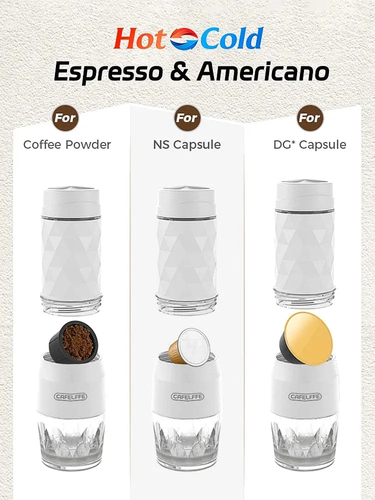 Cafelffe 3-in-1 tragbare Kaffeemaschine, Heiß-/Kaltwasser, manuelle Espressomaschine für Kapseln und gemahlenen Kaffee, Handpresse, Brüher, Wandern, Reisen
