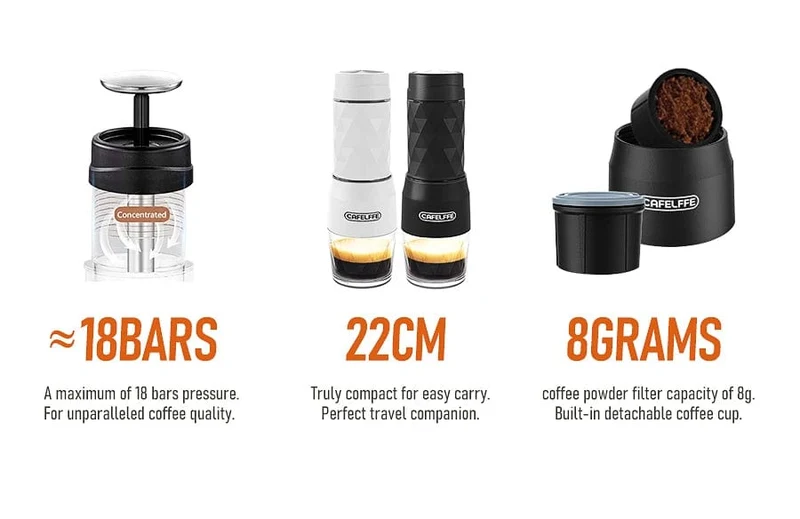 Cafelffe 3-in-1 tragbare Kaffeemaschine, Heiß-/Kaltwasser, manuelle Espressomaschine für Kapseln und gemahlenen Kaffee, Handpresse, Brüher, Wandern, Reisen