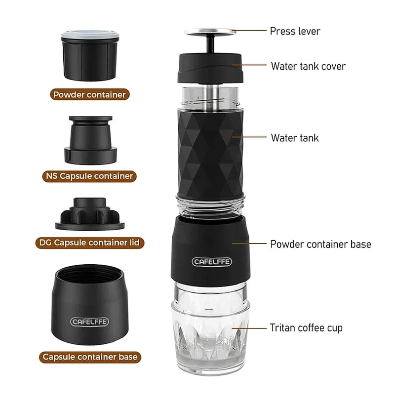 Cafelffe 3-in-1 tragbare Kaffeemaschine, Heiß-/Kaltwasser, manuelle Espressomaschine für Kapseln und gemahlenen Kaffee, Handpresse, Brüher, Wandern, Reisen