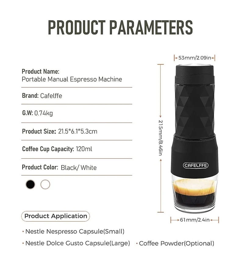 Cafelffe 3-in-1 tragbare Kaffeemaschine, Heiß-/Kaltwasser, manuelle Espressomaschine für Kapseln und gemahlenen Kaffee, Handpresse, Brüher, Wandern, Reisen