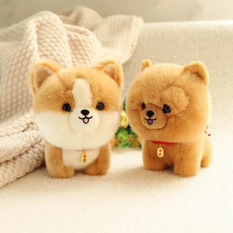 ZU Kawaii Teddy Pets Lebensechte flauschige Welpen-Weichpuppe Süße kleine Chow Pomeranian Corgi Yorkie Plüschtiere mit Charm-Geschenk für Mädchen