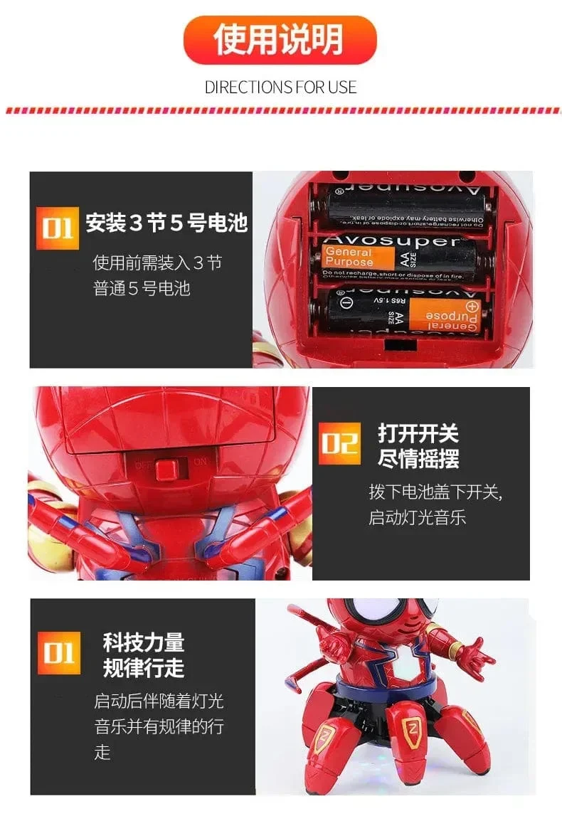 Marvel Spider-Man Tanzender Roboter mit Musiklicht, elektrisches Puppenspielzeug, Spiderman-Actionfiguren, lustige Geburtstagsgeschenke für Babys und Kinder