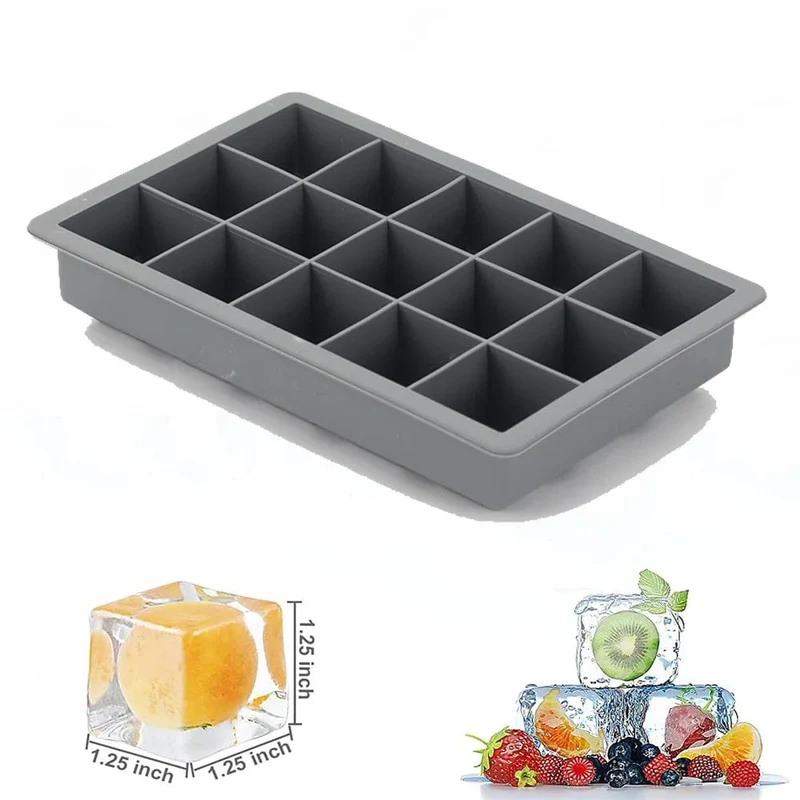 15 Gitter Silikon-Eiswürfelform Große quadratische Eiswürfelschale Form Eiswürfelbereiter Ungiftig Langlebig Bar Pub Wein Eisblöcke Maker