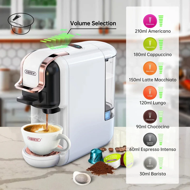 HiBREW Mehrfachkapsel-Kaffeemaschine, Heiß-/Kalt-Dolce-Gusto-Milch, Nespresso-Kapsel, ESE-Pad, gemahlener Kaffee, Cafeteria, 19 Bar, 5 in 1
