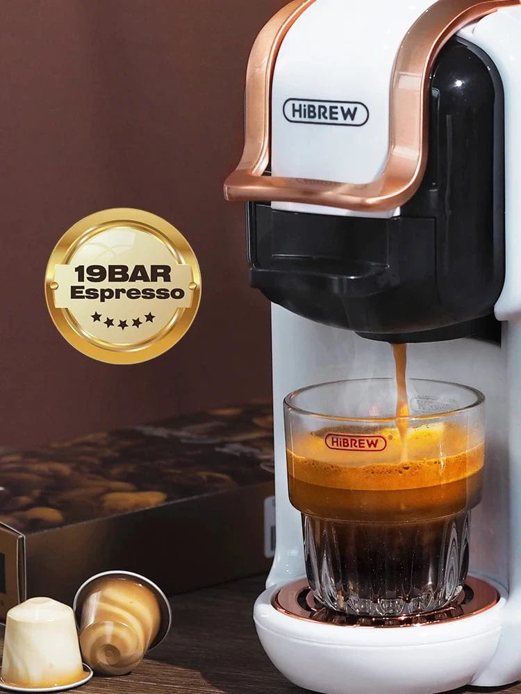 HiBREW Mehrfachkapsel-Kaffeemaschine, Heiß-/Kalt-Dolce-Gusto-Milch, Nespresso-Kapsel, ESE-Pad, gemahlener Kaffee, Cafeteria, 19 Bar, 5 in 1