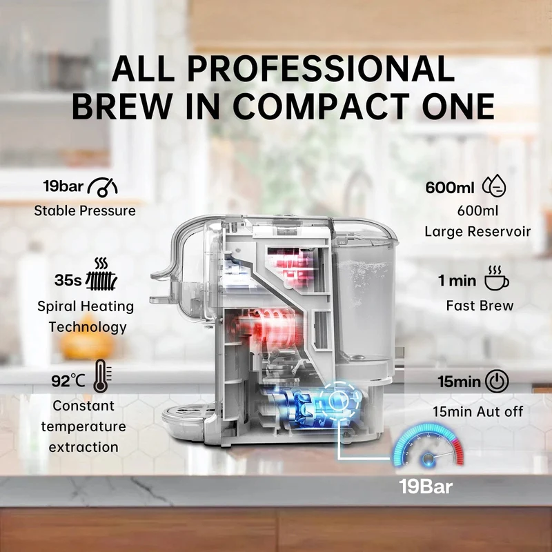 HiBREW Mehrfachkapsel-Kaffeemaschine, Heiß-/Kalt-Dolce-Gusto-Milch, Nespresso-Kapsel, ESE-Pad, gemahlener Kaffee, Cafeteria, 19 Bar, 5 in 1