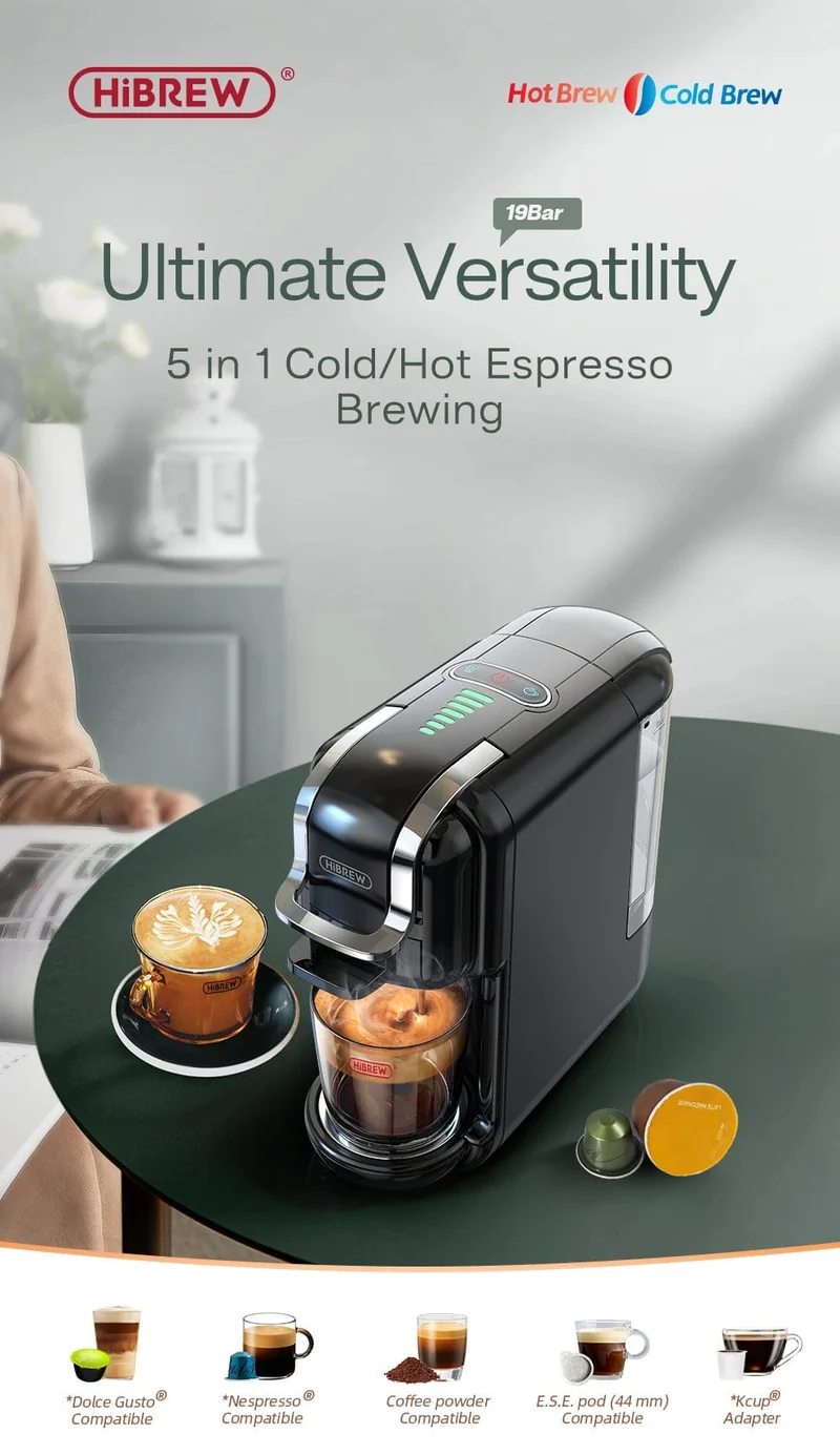 HiBREW Mehrfachkapsel-Kaffeemaschine, Heiß-/Kalt-Dolce-Gusto-Milch, Nespresso-Kapsel, ESE-Pad, gemahlener Kaffee, Cafeteria, 19 Bar, 5 in 1