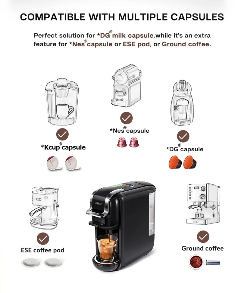 HiBREW Mehrfachkapsel-Kaffeemaschine, Heiß-/Kalt-Dolce-Gusto-Milch, Nespresso-Kapsel, ESE-Pad, gemahlener Kaffee, Cafeteria, 19 Bar, 5 in 1