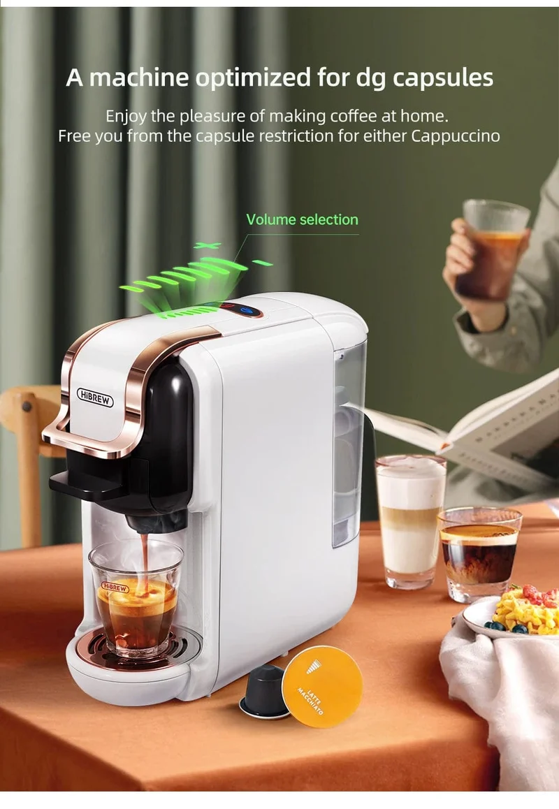 HiBREW Mehrfachkapsel-Kaffeemaschine, Heiß-/Kalt-Dolce-Gusto-Milch, Nespresso-Kapsel, ESE-Pad, gemahlener Kaffee, Cafeteria, 19 Bar, 5 in 1