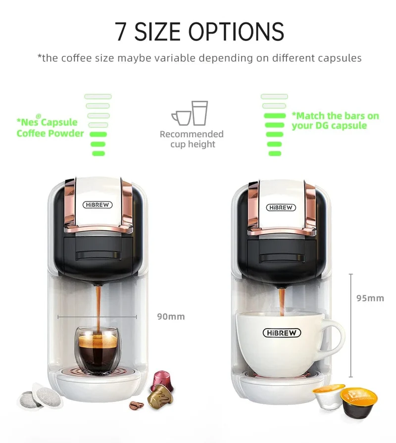 HiBREW Mehrfachkapsel-Kaffeemaschine, Heiß-/Kalt-Dolce-Gusto-Milch, Nespresso-Kapsel, ESE-Pad, gemahlener Kaffee, Cafeteria, 19 Bar, 5 in 1