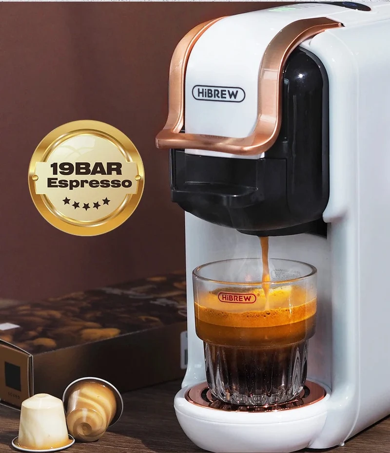 HiBREW Mehrfachkapsel-Kaffeemaschine, Heiß-/Kalt-Dolce-Gusto-Milch, Nespresso-Kapsel, ESE-Pad, gemahlener Kaffee, Cafeteria, 19 Bar, 5 in 1