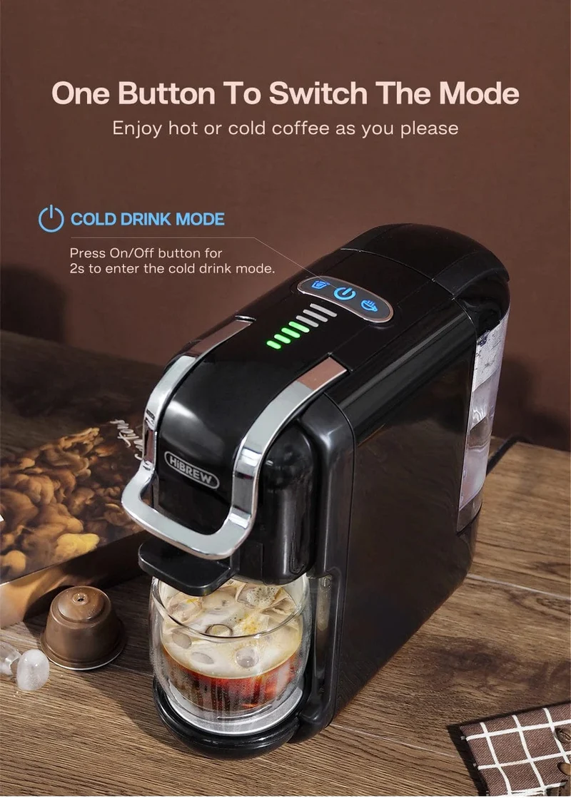 HiBREW Mehrfachkapsel-Kaffeemaschine, Heiß-/Kalt-Dolce-Gusto-Milch, Nespresso-Kapsel, ESE-Pad, gemahlener Kaffee, Cafeteria, 19 Bar, 5 in 1