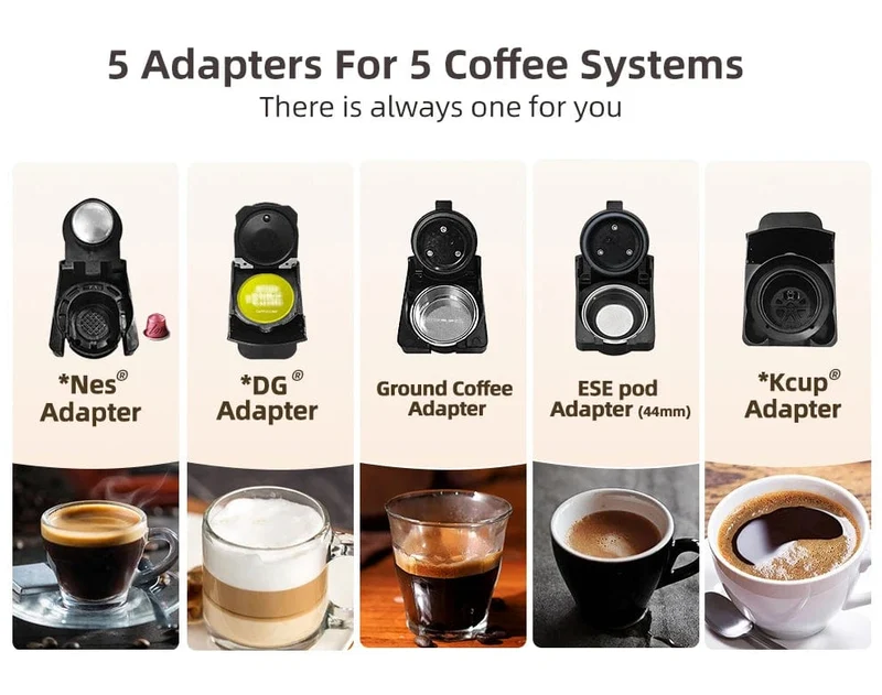HiBREW Mehrfachkapsel-Kaffeemaschine, Heiß-/Kalt-Dolce-Gusto-Milch, Nespresso-Kapsel, ESE-Pad, gemahlener Kaffee, Cafeteria, 19 Bar, 5 in 1