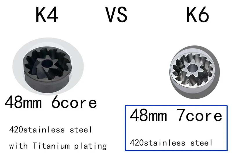 Kingrinder K4/K6 manuelle Kaffeemühle tragbare Mühle 420 Edelstahl 48 mm Edelstahl Titan-Beschichtung Grat
