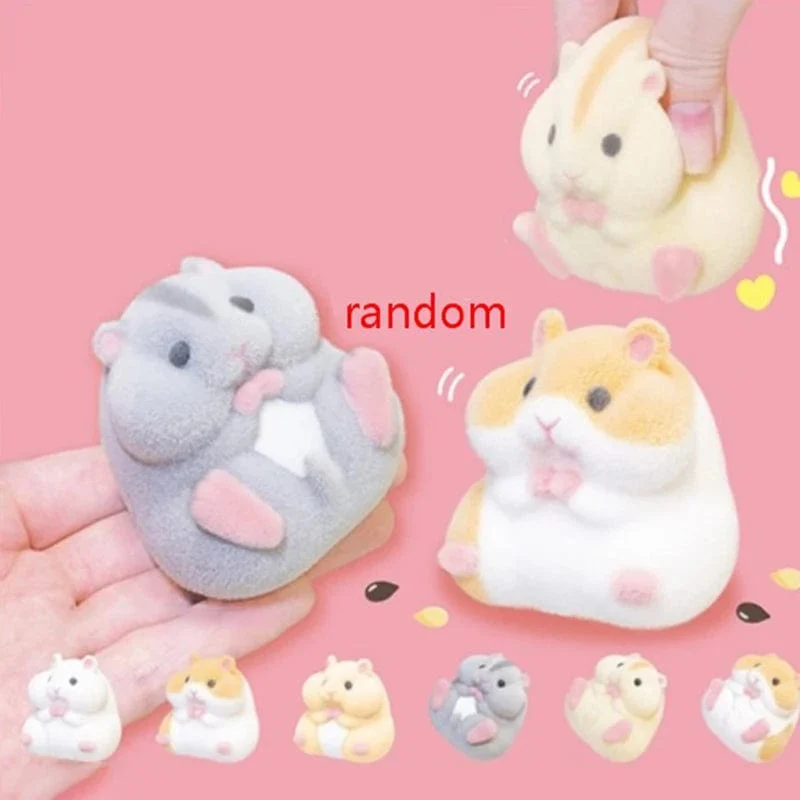 【Zufälliger Stil】 Original japanische Kapselspielzeuge, süße Kawaii-Fettmilch-weiche Hamster-Beflockungsplüschpuppen, Quetschspielzeug zum Stressabbau.
