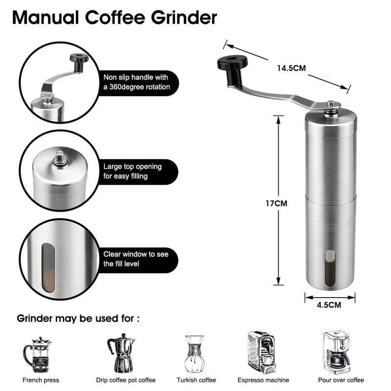 Manuelle Kaffeemühle mit konischem Kern Tragbare Kaffeemühle aus Edelstahl Handgemachte tragbare Kaffeemühle Kaffeezubehör