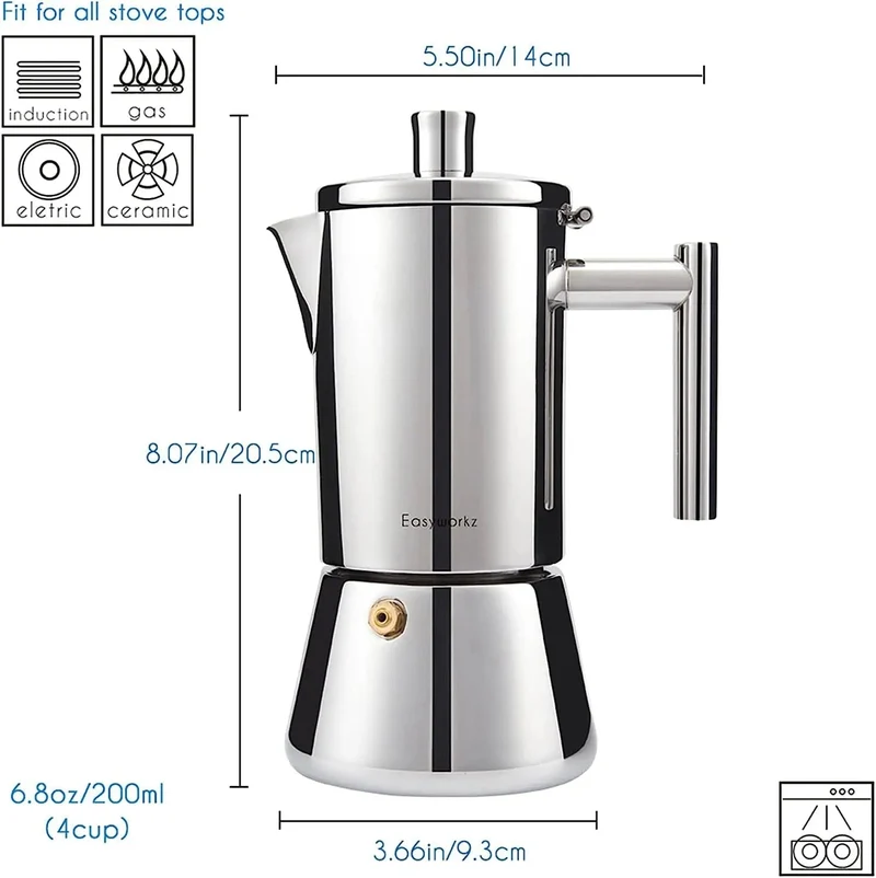 Easyworkz Diego Espressokocher für den Herd, italienische Kaffeemaschine aus Edelstahl, 4 Tassen, 6.8 ml, Induktions-Mokkakanne