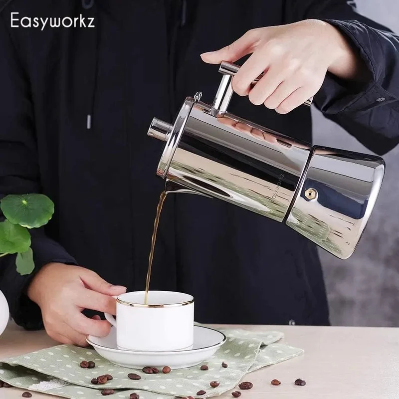 Easyworkz Diego Espressokocher für den Herd, italienische Kaffeemaschine aus Edelstahl, 4 Tassen, 6.8 ml, Induktions-Mokkakanne