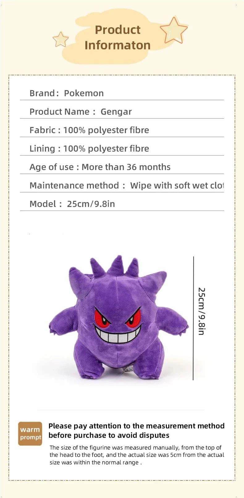 25 cm Gengar-Plüschtier Pokemon Niedliches Peluche Gefülltes Puppenspielzeug Beliebter Stil Cartoon-Bild Dekokissen Geburtstagsgeschenk für den Freund