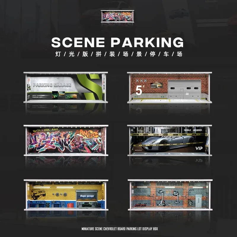 1/64 simuliertes Parkplatzmodell, Miniaturszene, Parkplatz, PVC-Baugruppe mit beleuchtetem Parkplatzmodell, Anzeigerahmen