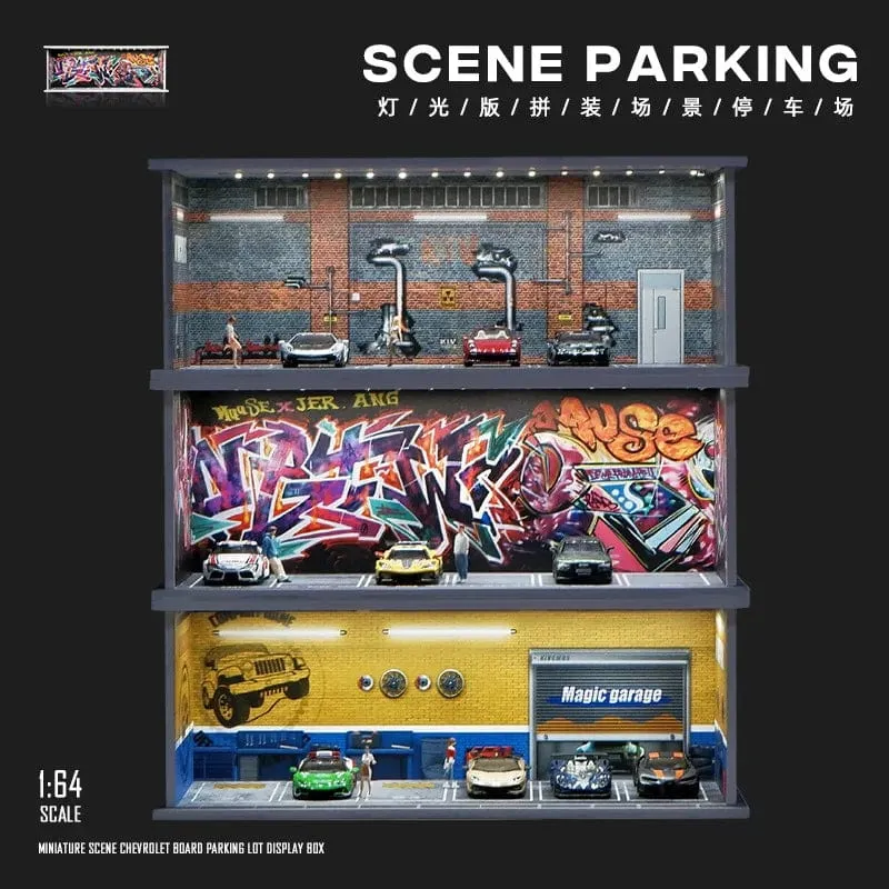 1/64 simuliertes Parkplatzmodell, Miniaturszene, Parkplatz, PVC-Baugruppe mit beleuchtetem Parkplatzmodell, Anzeigerahmen