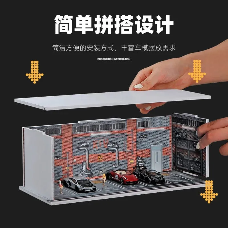 1/64 simuliertes Parkplatzmodell, Miniaturszene, Parkplatz, PVC-Baugruppe mit beleuchtetem Parkplatzmodell, Anzeigerahmen