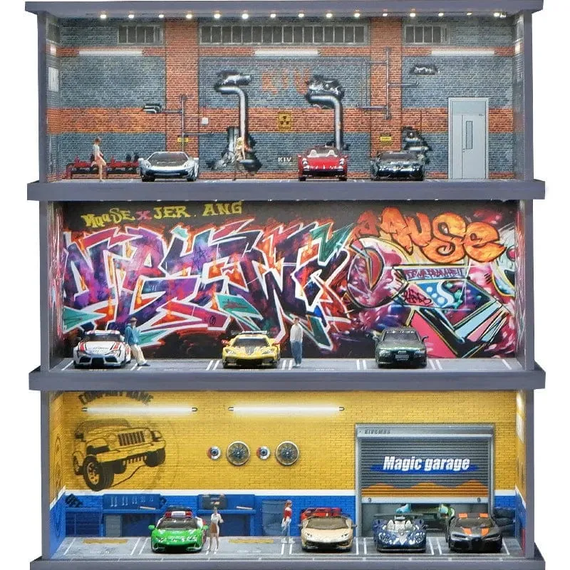 1/64 simuliertes Parkplatzmodell, Miniaturszene, Parkplatz, PVC-Baugruppe mit beleuchtetem Parkplatzmodell, Anzeigerahmen