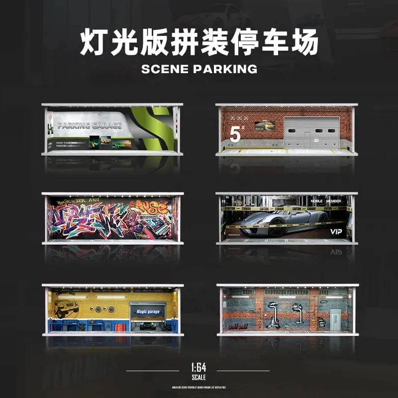 1/64 simuliertes Parkplatzmodell, Miniaturszene, Parkplatz, PVC-Baugruppe mit beleuchtetem Parkplatzmodell, Anzeigerahmen
