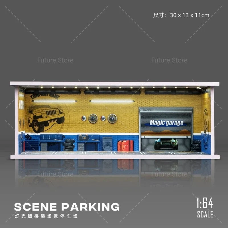 1/64 simuliertes Parkplatzmodell, Miniaturszene, Parkplatz, PVC-Baugruppe mit beleuchtetem Parkplatzmodell, Anzeigerahmen