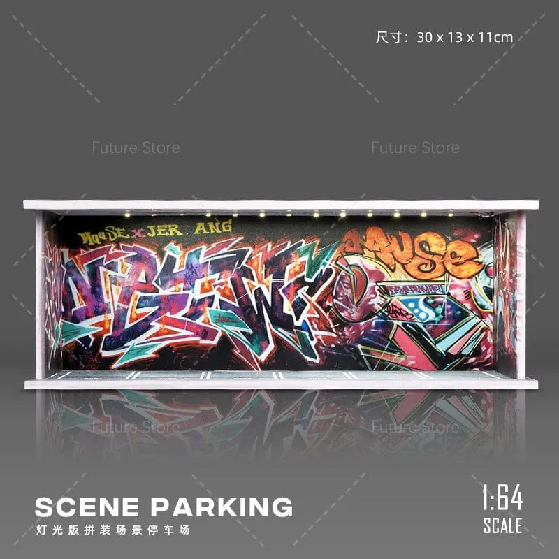 1/64 simuliertes Parkplatzmodell, Miniaturszene, Parkplatz, PVC-Baugruppe mit beleuchtetem Parkplatzmodell, Anzeigerahmen