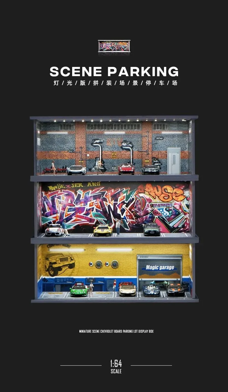 1/64 simuliertes Parkplatzmodell, Miniaturszene, Parkplatz, PVC-Baugruppe mit beleuchtetem Parkplatzmodell, Anzeigerahmen