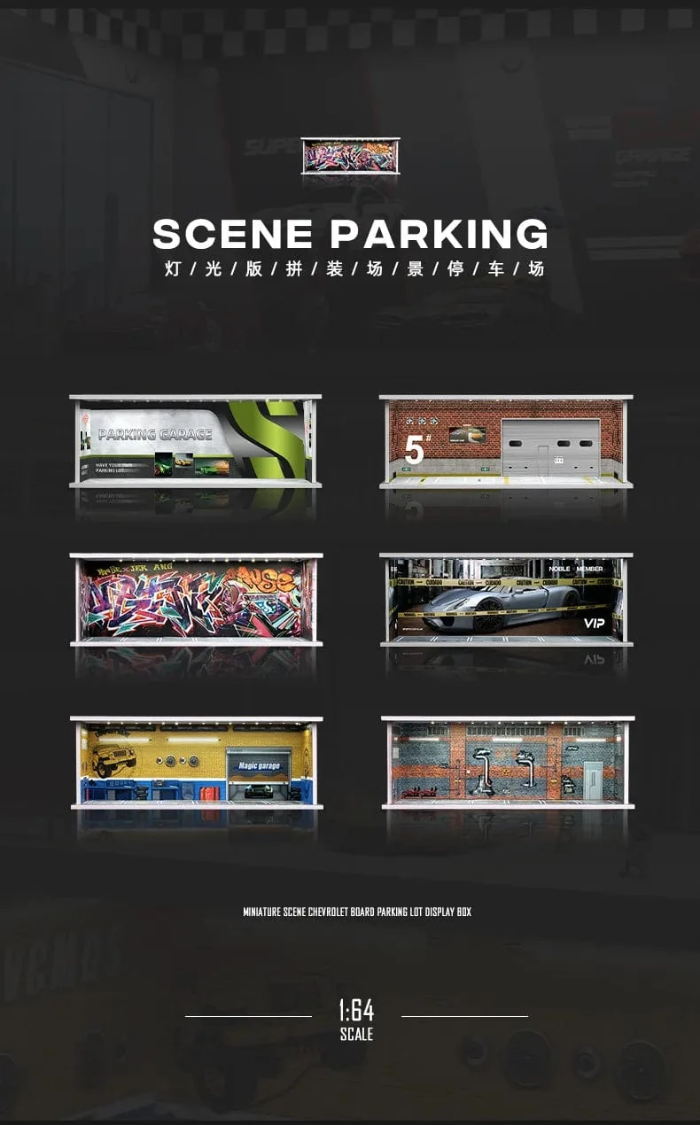 1/64 simuliertes Parkplatzmodell, Miniaturszene, Parkplatz, PVC-Baugruppe mit beleuchtetem Parkplatzmodell, Anzeigerahmen
