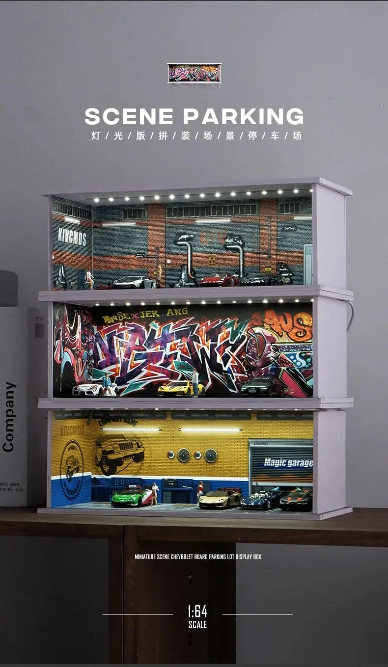 1/64 simuliertes Parkplatzmodell, Miniaturszene, Parkplatz, PVC-Baugruppe mit beleuchtetem Parkplatzmodell, Anzeigerahmen
