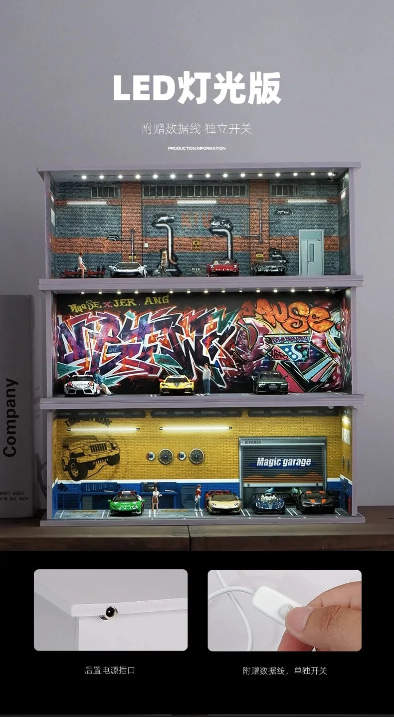 1/64 simuliertes Parkplatzmodell, Miniaturszene, Parkplatz, PVC-Baugruppe mit beleuchtetem Parkplatzmodell, Anzeigerahmen