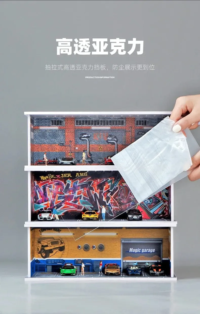 1/64 simuliertes Parkplatzmodell, Miniaturszene, Parkplatz, PVC-Baugruppe mit beleuchtetem Parkplatzmodell, Anzeigerahmen