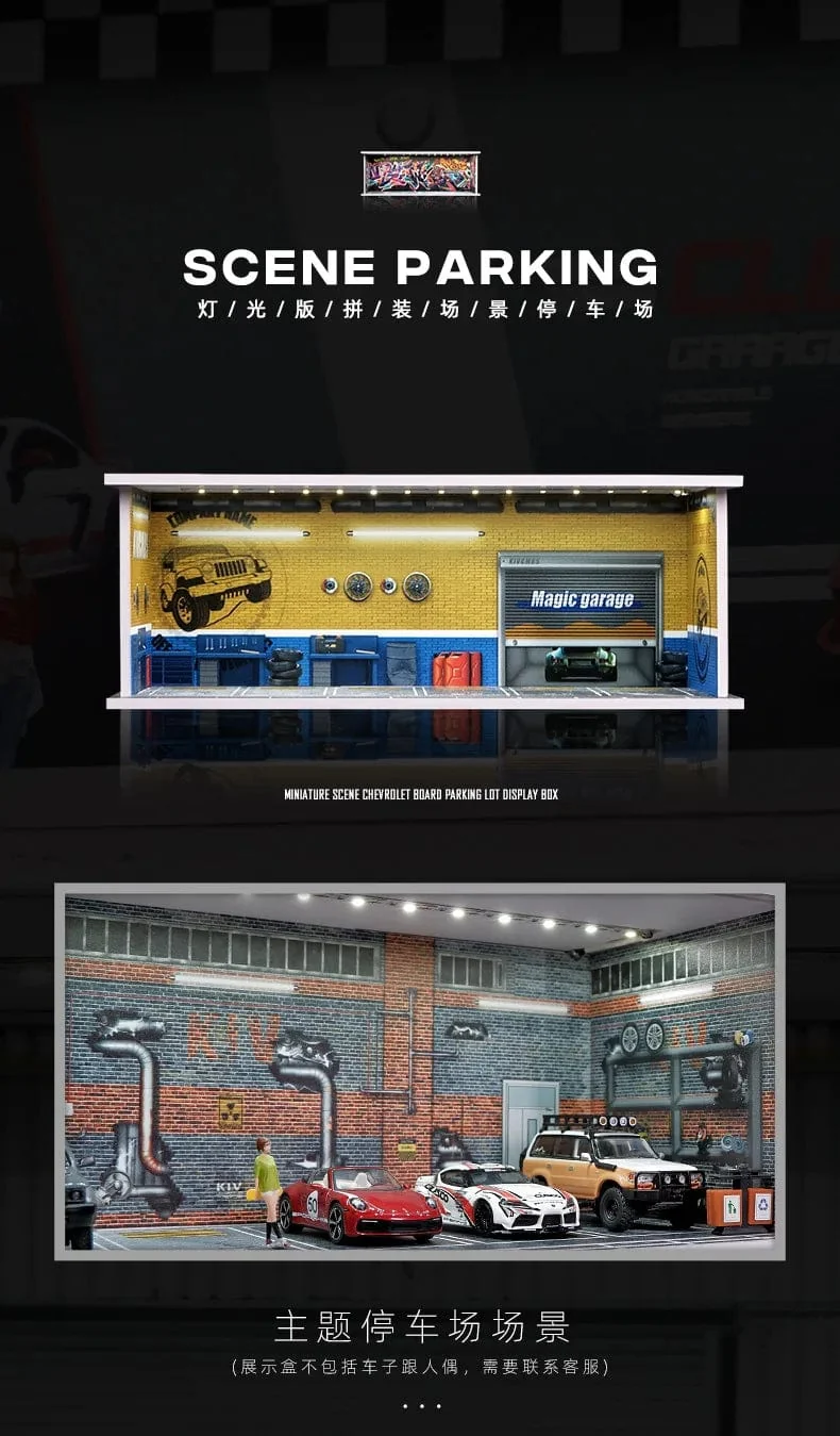 1/64 simuliertes Parkplatzmodell, Miniaturszene, Parkplatz, PVC-Baugruppe mit beleuchtetem Parkplatzmodell, Anzeigerahmen